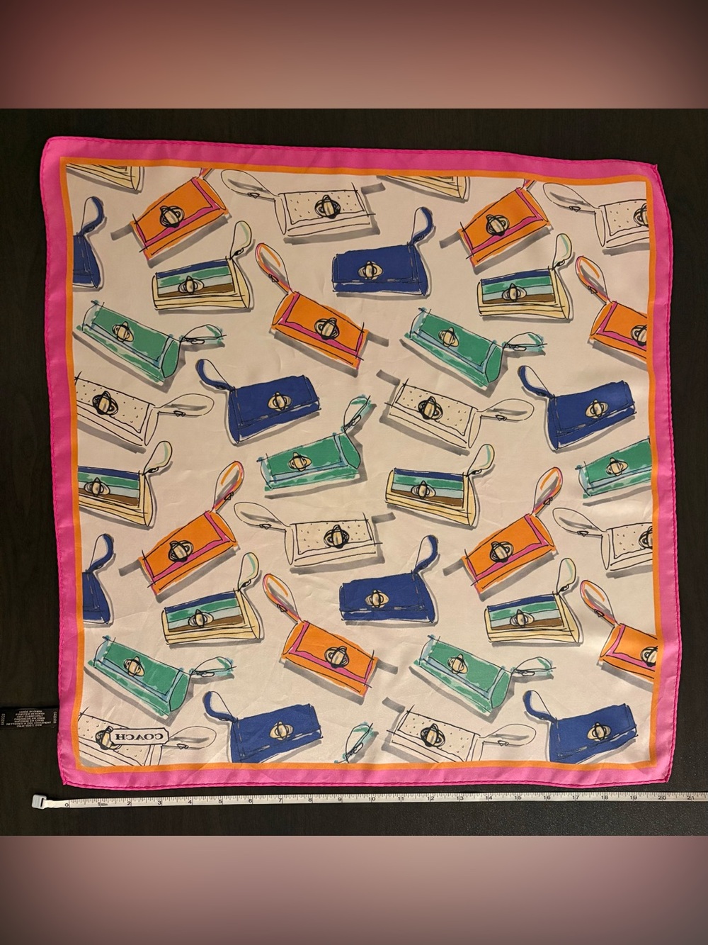Coach 100% Silk Scarf with Handbag Motif and Pink & Orange Trim - Picture 4 of 7